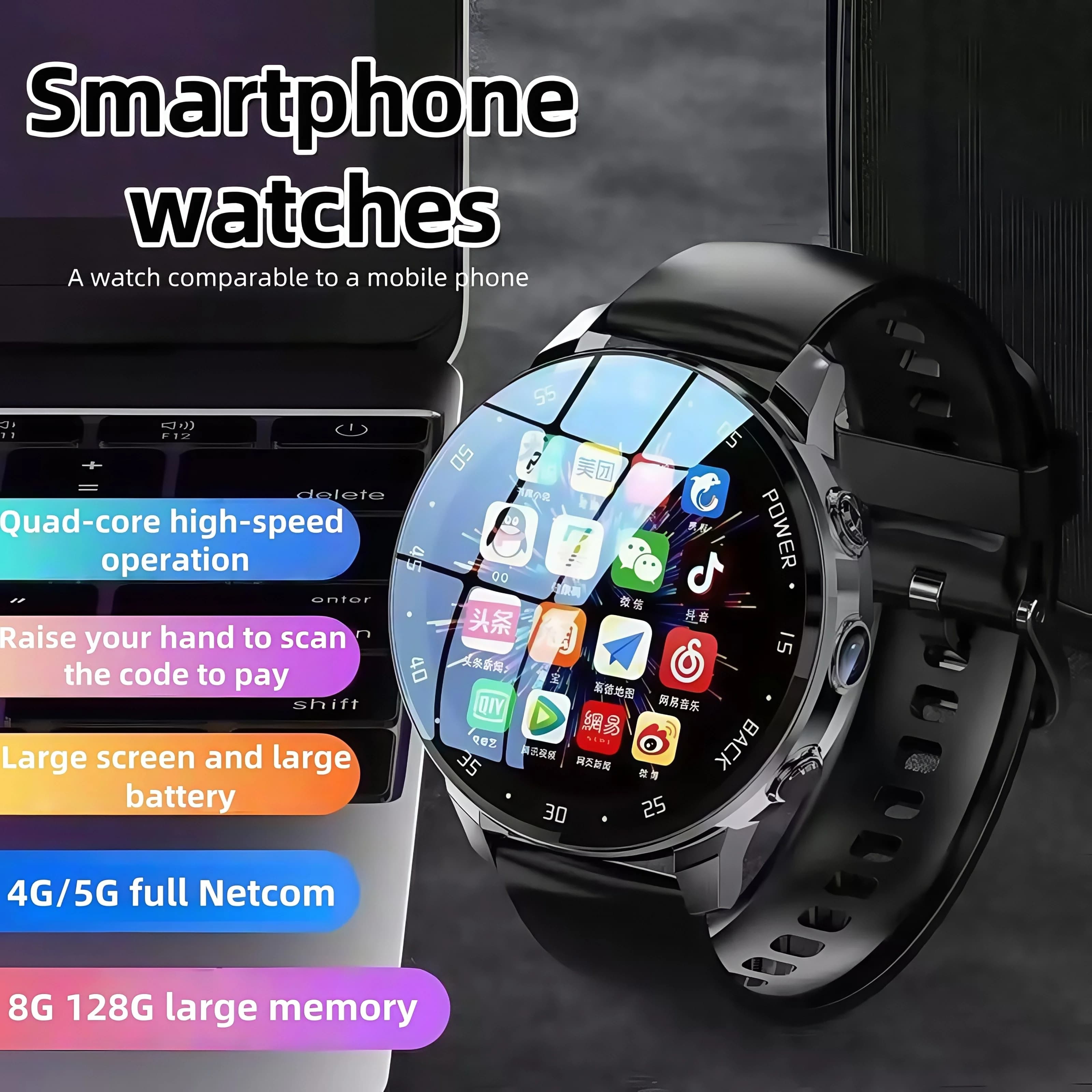 Smartwatch con scheda SIM per videocamera doppia Android 4G da 128 GB con funzione WiFi GPS impermeabile Google Play Store