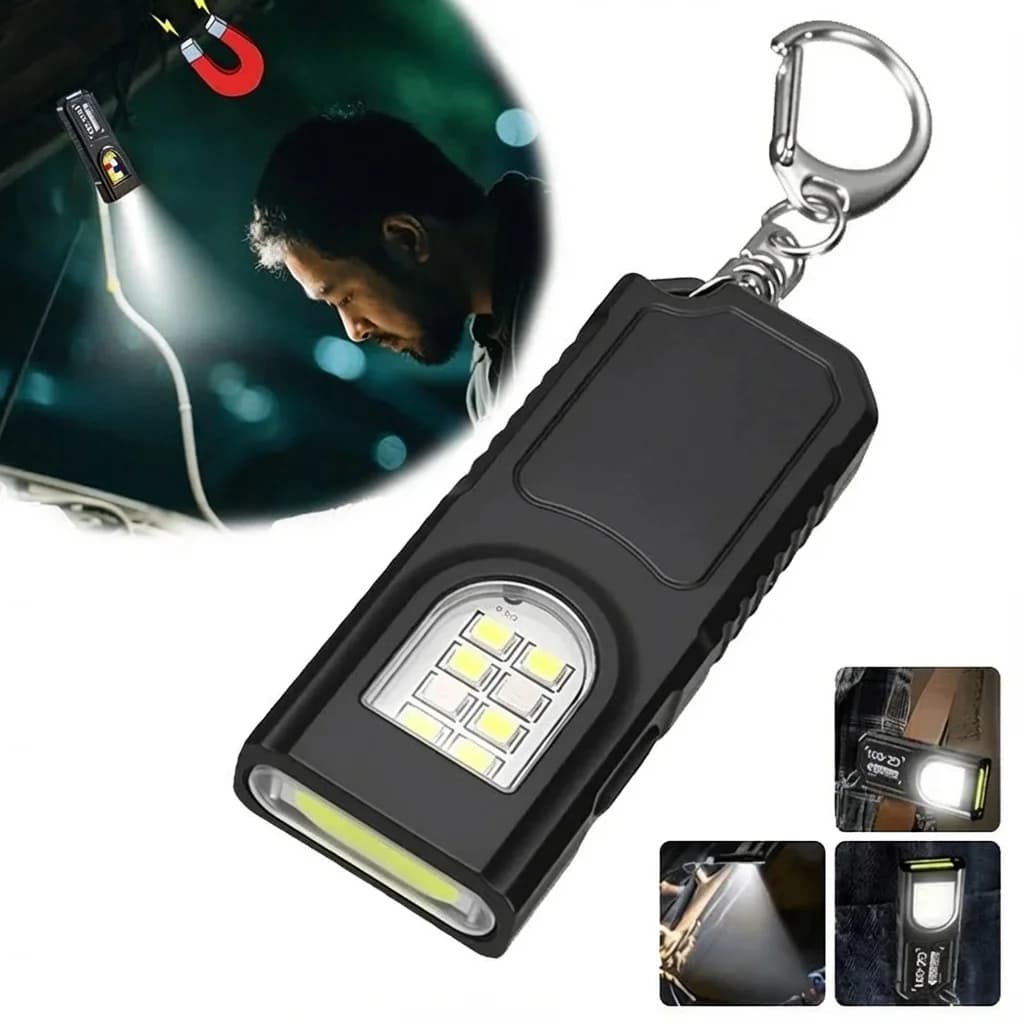 Powerful Mini COB LED Keychain Flashlight USB C Rechargeable Hanging Work Light Waterproof Keyring Camping Walking Pocket Lamp
