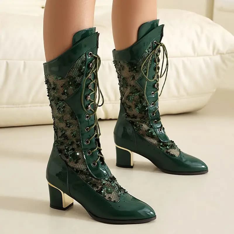 Girseaby Moda Bling Stivali femminili Punta a punta Tacchi a spillo 5,5 cm Lace Up Mesh traspirante Plus Size 42 43 Party Sexy Shiny Bota