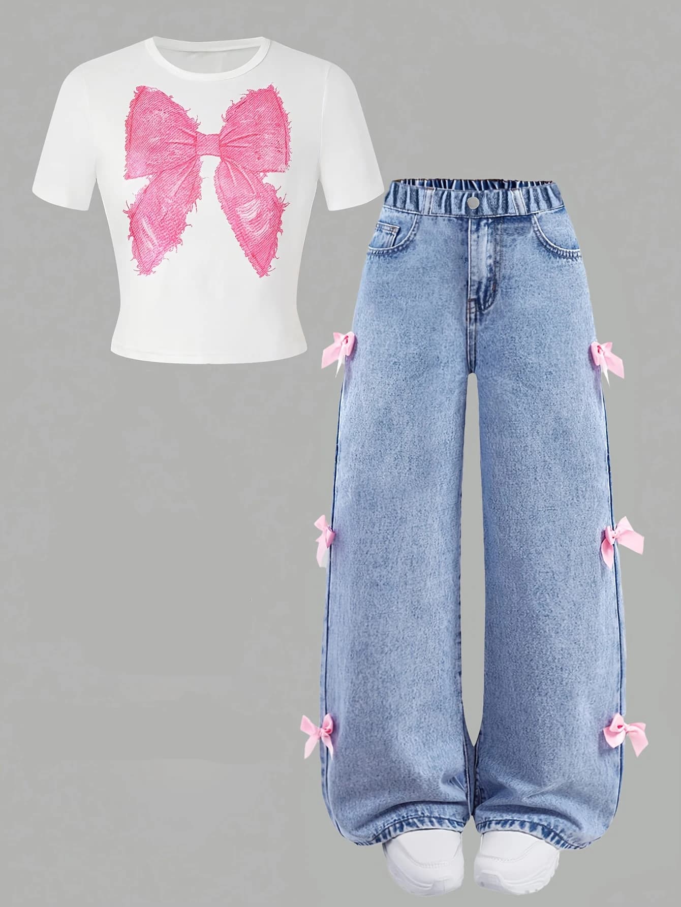 Jeans con papillon a maniche corte con stampa fiocco estivo per ragazza giovanile, set in due pezzi, comoda cintura elastica completa