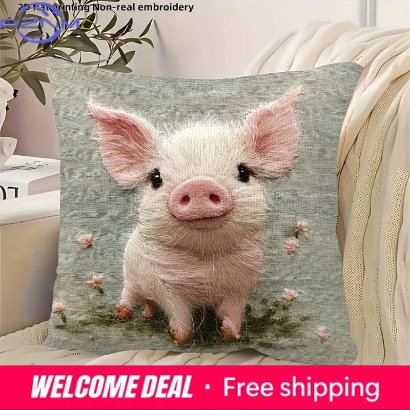 Adorable Pig 2D Flat-Printed Non-Real Embroidery Pillow for Cozy Decor Sofa cushion cover, home decoration, 2D printing