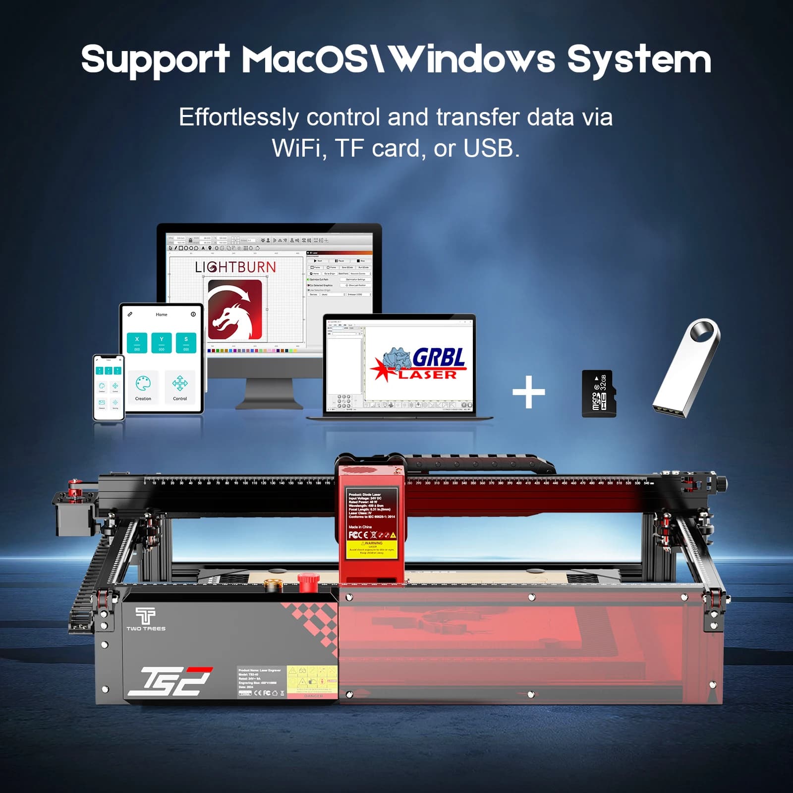 TWOTREES 40W Laser Engraver TS2 Wood MDF Acrylic Cutting Tools USB WiFi TF Card Dual Mode 20W 40W Laser Engraving Machine