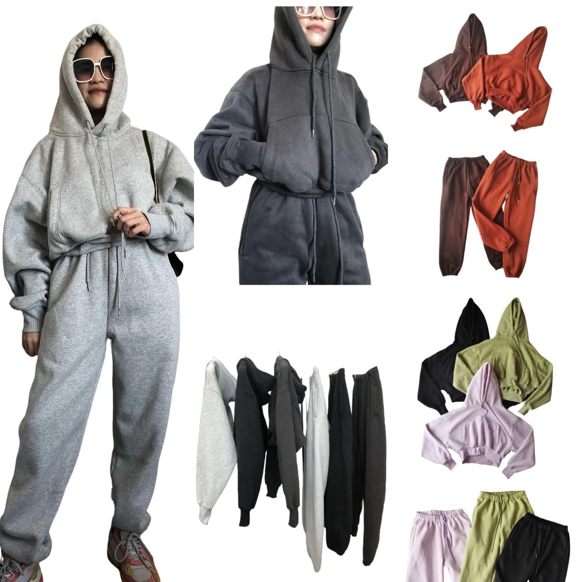 Felpa con cappuccio in pile all'ingrosso con pantaloni da jogging Tuta da ginnastica Autunno Inverno Set da 2 pezzi Tuta da donna Abbigliamento sportivo Due pezzi Solido Casual