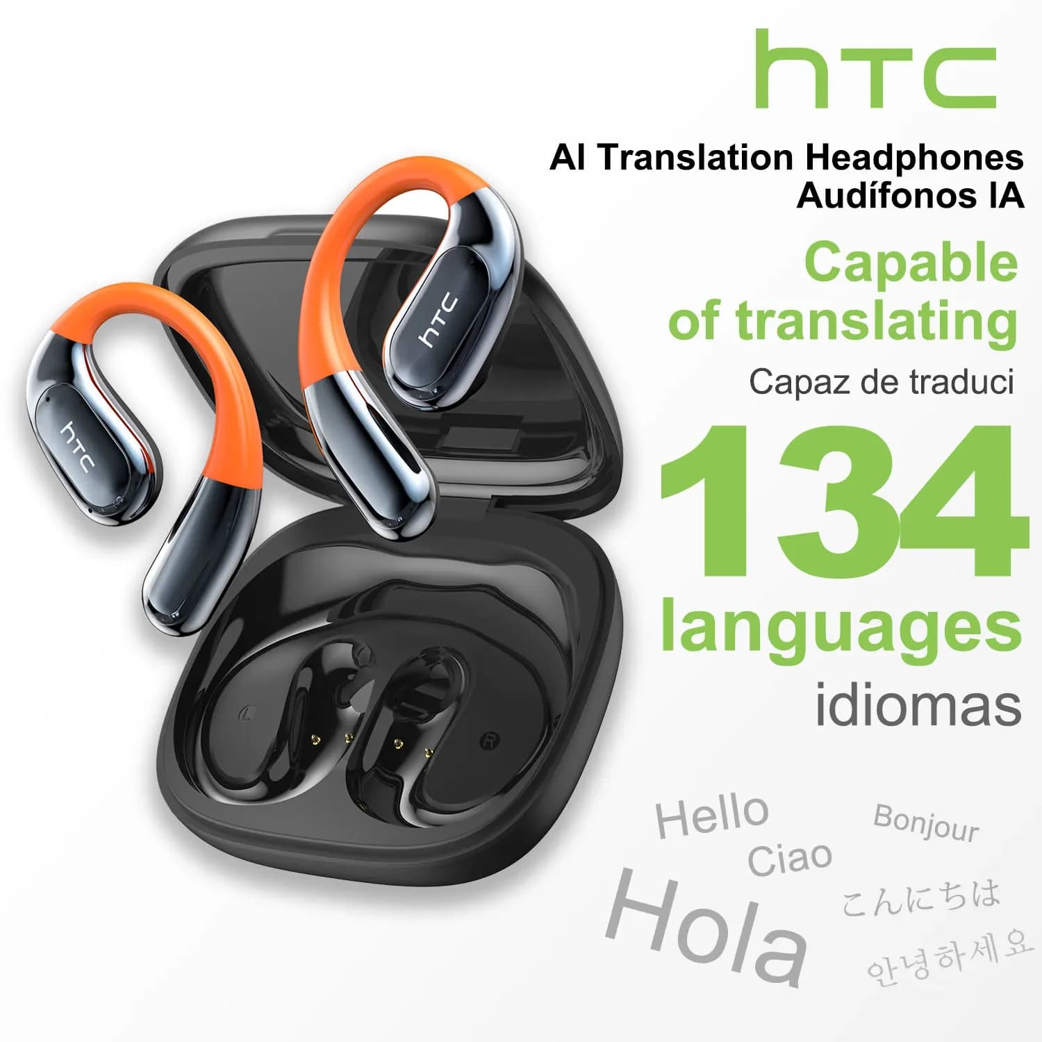【HTC NE12】 Auricolari Bluetooth V6.0 Auricolari traduttore AI Cuffie wireless sportive Ganci per le orecchie arancioni antirumore Chiamata HD Bassa latenza