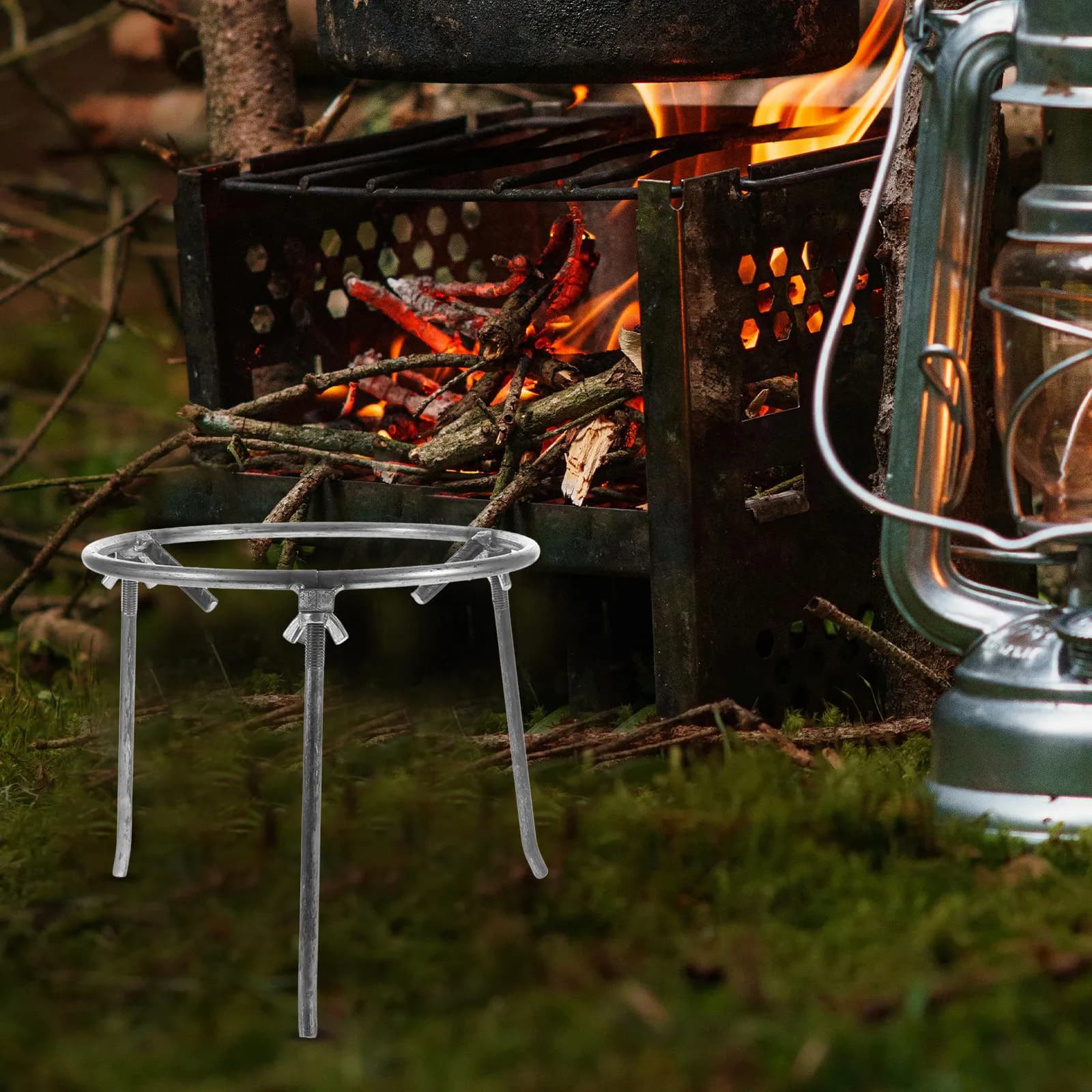 Supporto per Griglia da Campeggio in Acciaio, Treppiede Resistente per Barbecue, Escursioni, Pesca e Picnic