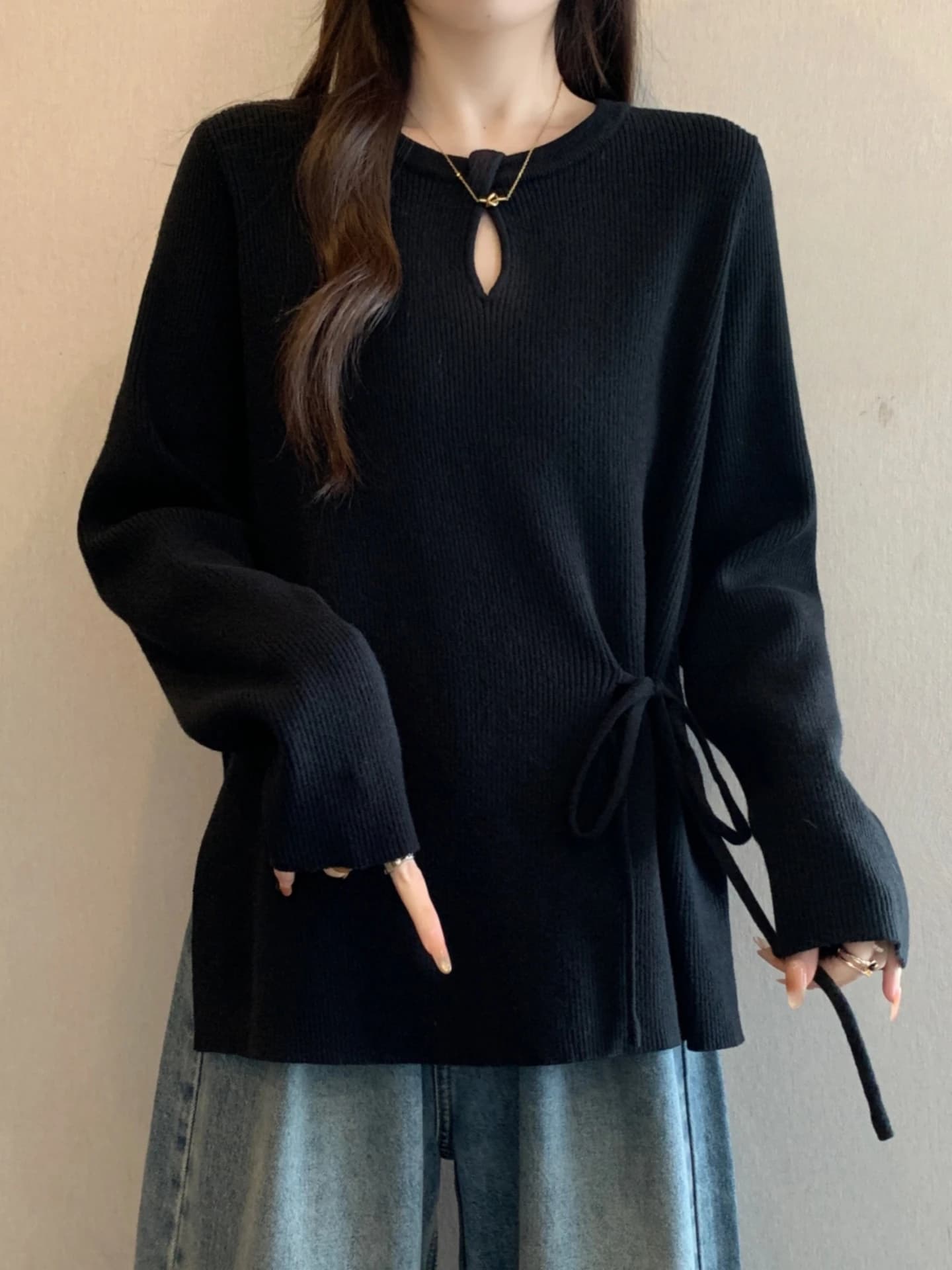 Women's Knitted Hollow out Long Sleeve Base Shirt Spring Autumn plus Size Conceals Belly Tie Waist Slimming Top