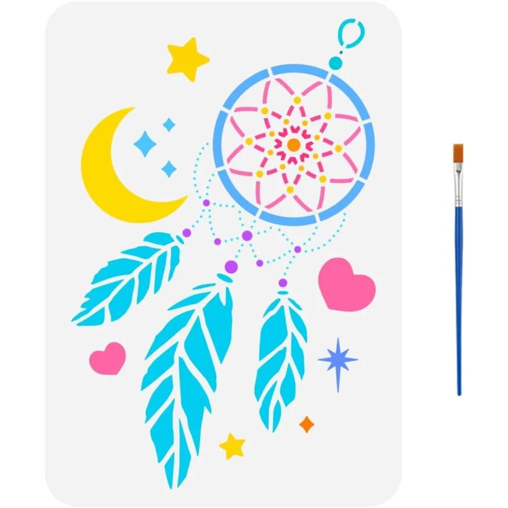 Lovely Dream Catcher Painting Stencil with Brush 8.3x11.7inch Moon Stars Template Feathers Love Heart Pattern Stencil Fantasy