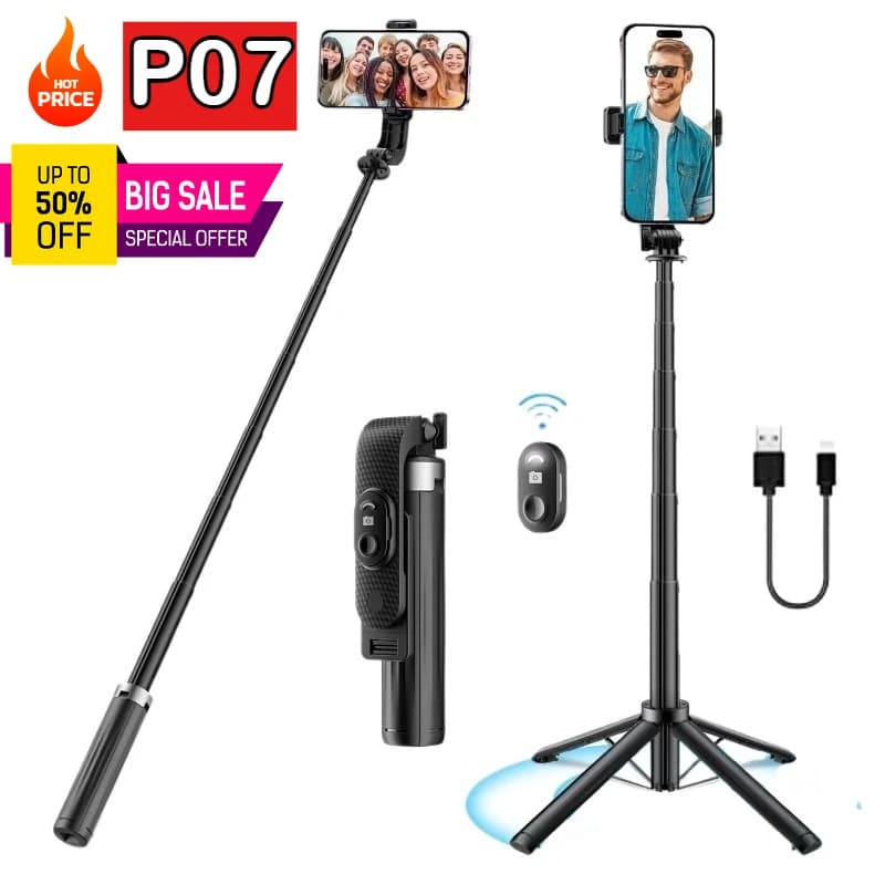 Selfie StickP07 in lega di alluminio Treppiede allungabile Elfie Stick Telefono Quadrapod con supporto per telefono remoto wireless Bluetooth