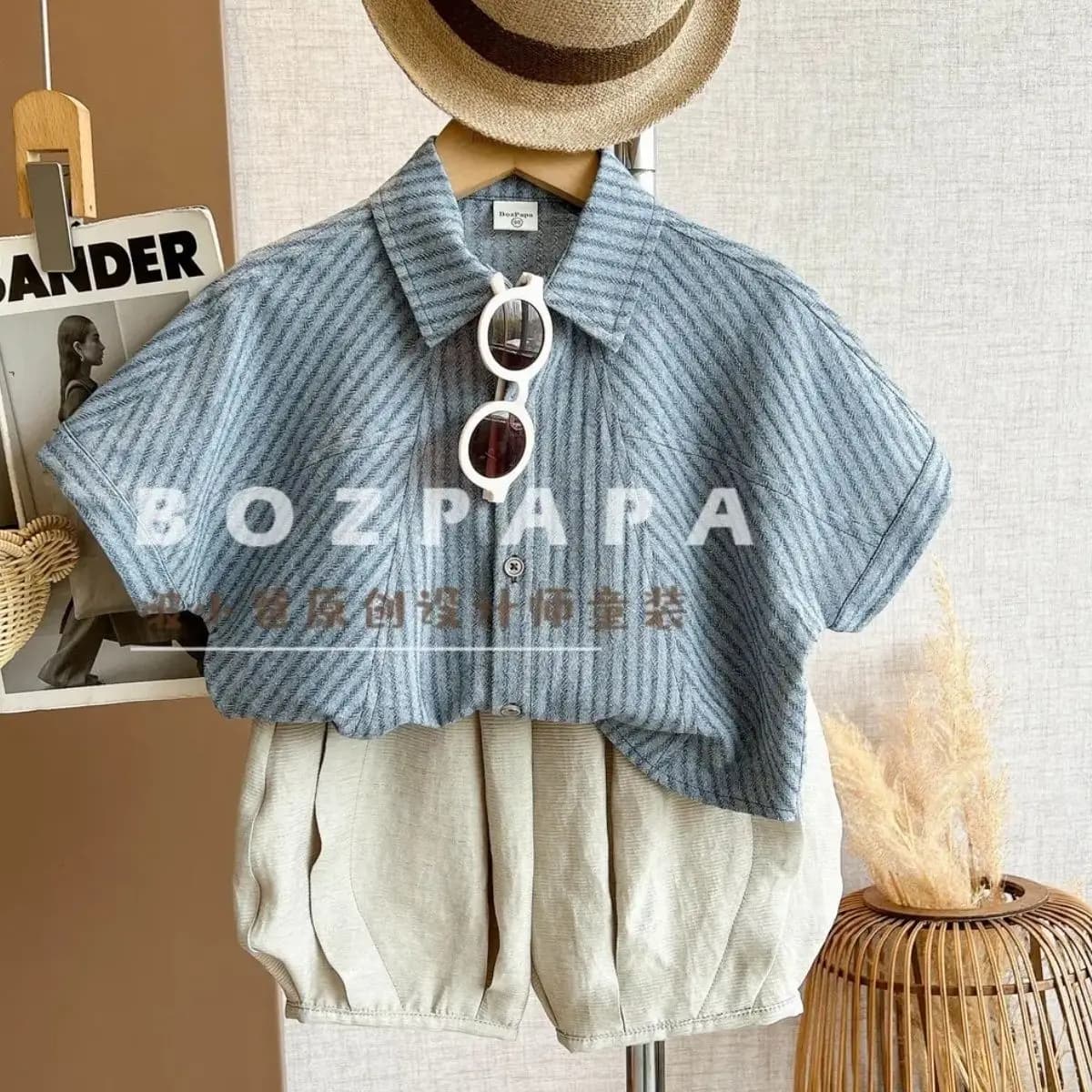 Completo Estivo per Ragazzi 2026 Nuovo Set Elegante e Semplice con Camicia a Righe a Maniche Corte e Pantaloncini Casual, Pantaloni Larghi a Tre Quarti 2-10 Anni