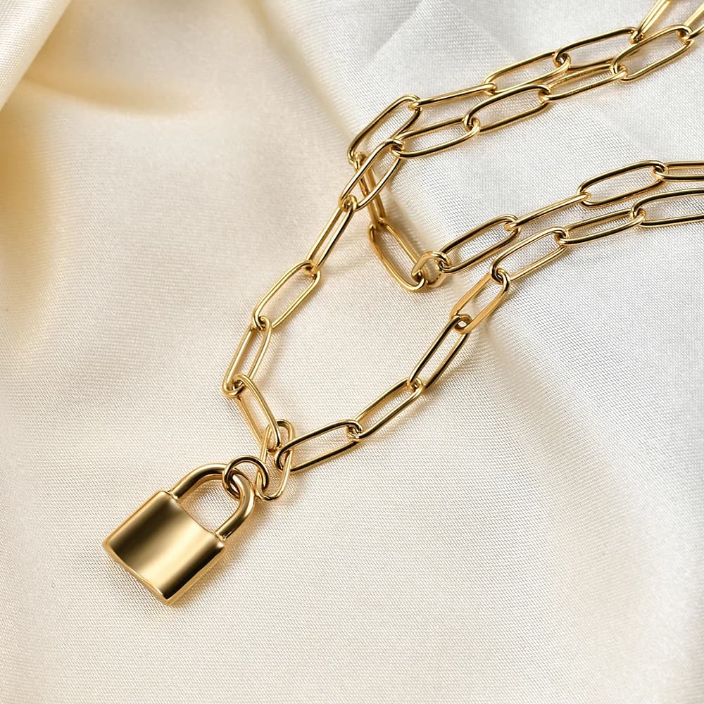 Collana con ciondolo a lucchetto popolare per donna, catena a doppio strato, colore oro e argento, girocollo punk, gioiello semplice e alla moda, idea regalo.