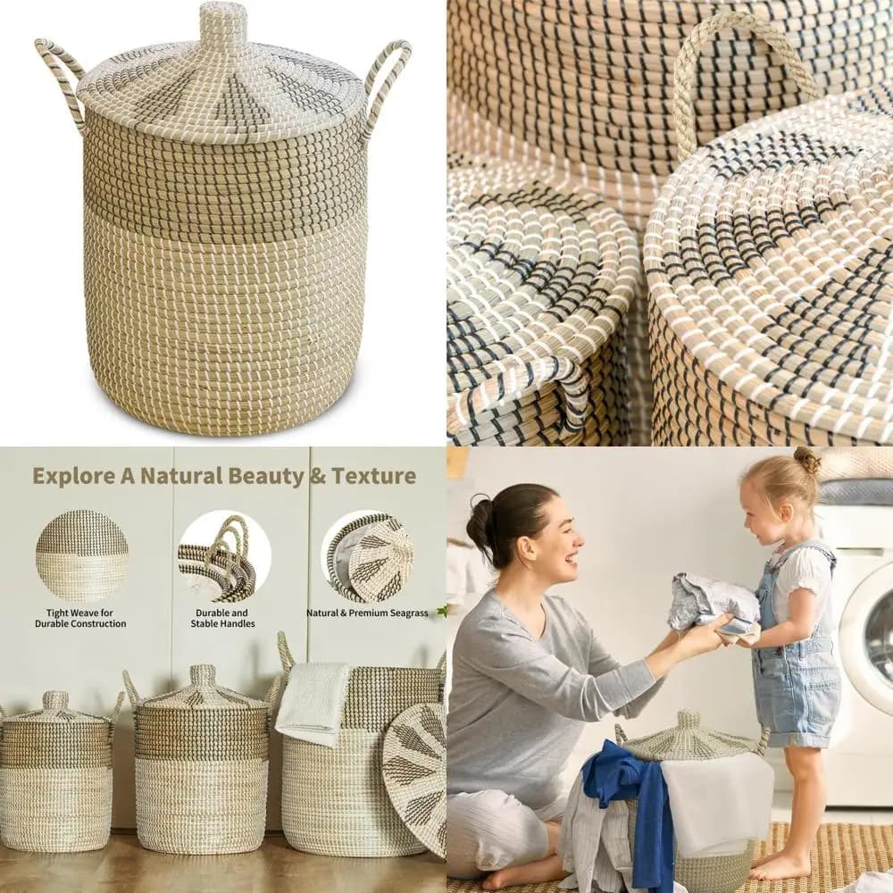 Natural seaweed linen basket with lid and handles, removable bag for storing objects, hand woven basket for domestic decorations and organizations