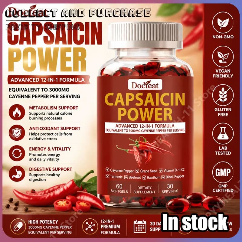Capsule di Capsaicina Docteat con Vitamina D3, Peperoncino di Cayenna, Barbabietola, Curcuma, Estratti Vegetali Antiossidanti, Integratore per il Benessere Quotidiano