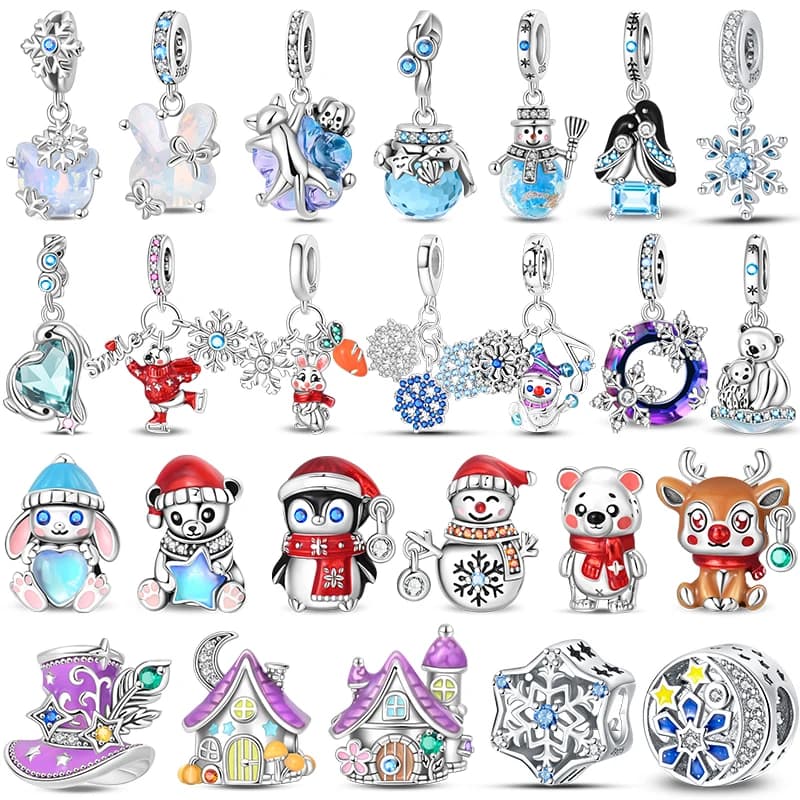 2025 Nuovo Inverno Pendenti e Ciondoli Perlina 925 Sterling Silver Fiocco di Neve Pupazzo di Neve Pinguino Cervo Ciondola Fit Braccialetto Collana Gioielli FAI DA TE