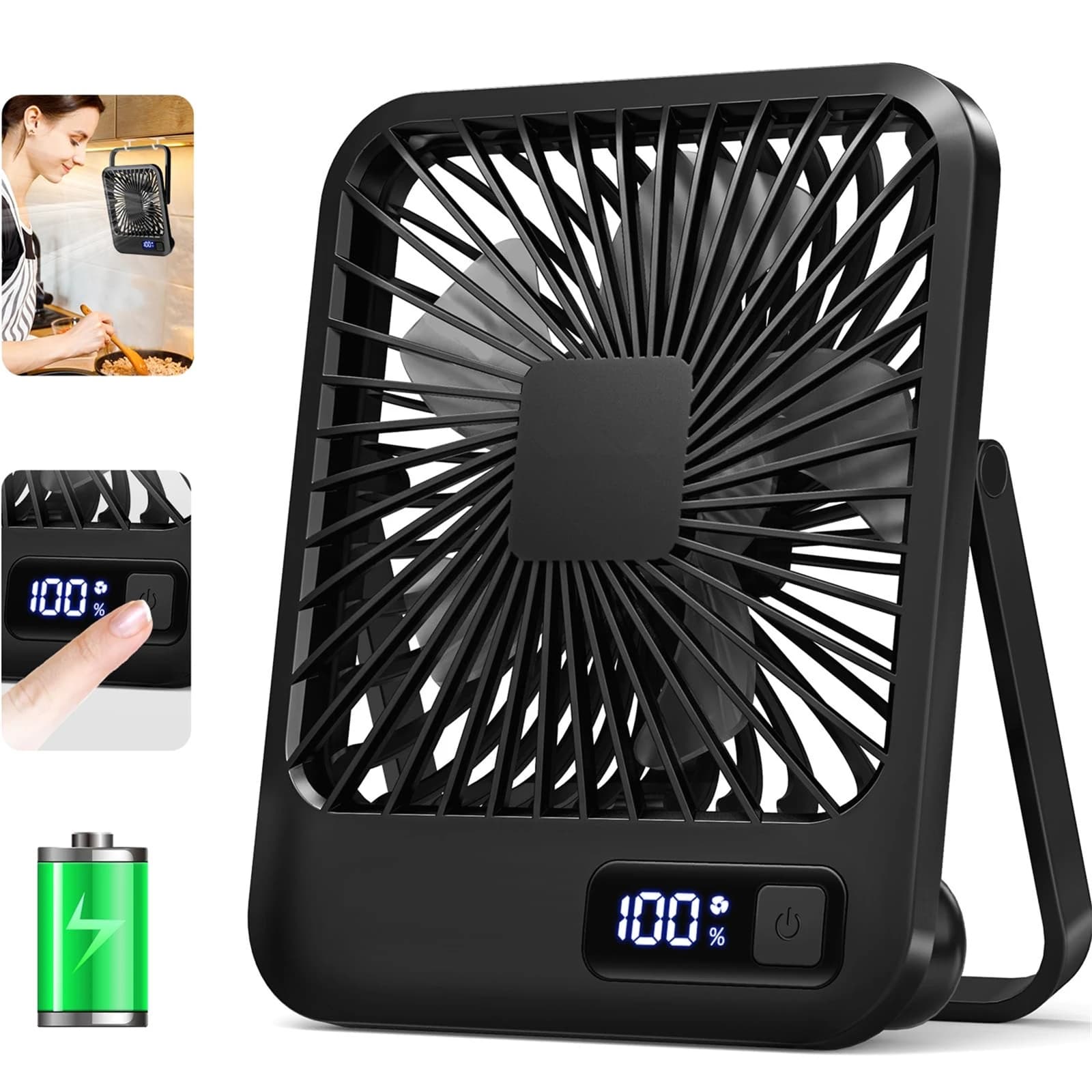 Rechargeable portable table fan via USB – 180 ° Foldable personal fan, 5 speed, ultra quiet with power display