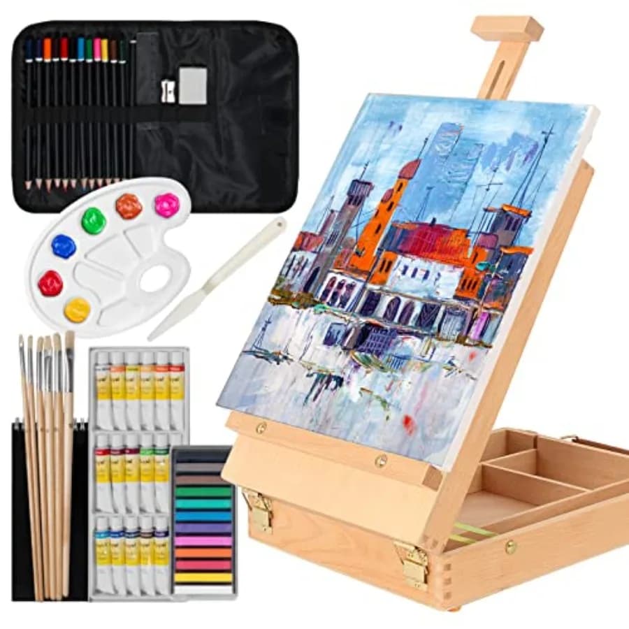 Art Kit, 45 Piece Wooden Paint Set Crafts Drawing Painting Kit with Box Easel and 18 Acrylic Oil Paint Colors, 12 Color Pencil