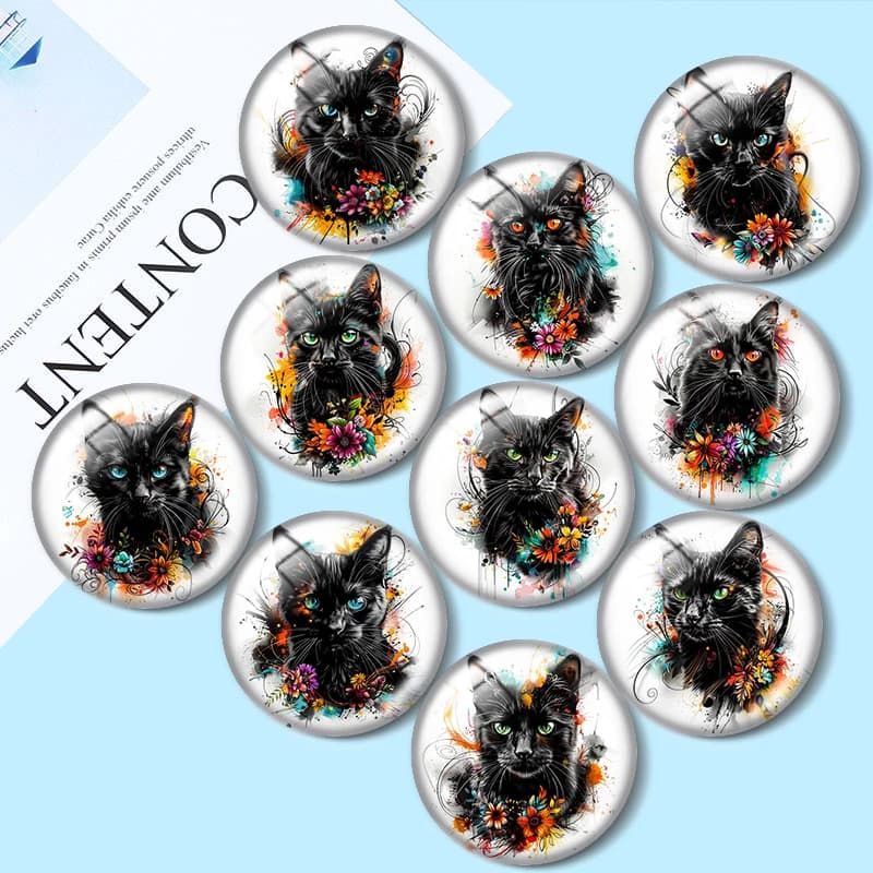 Cabochon in vetro con gatto nero acquerello 12/18/20/25mm per bracciali, ciondoli, anelli, orecchini e componenti per la creazione di gioielli