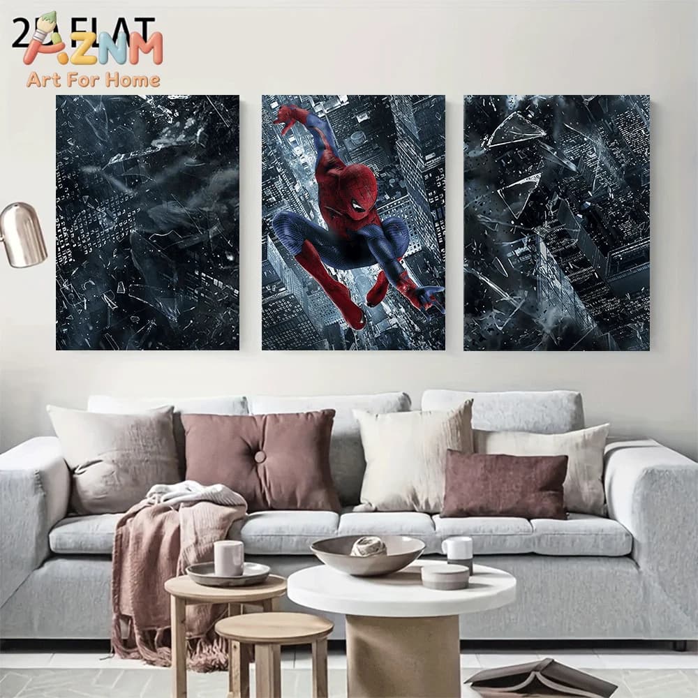 AZNM Spider-Man Broken Glass City View Canvas Wall Art Frameless Poster Superhero Action Scene Dark Style Print Boys Bedroom Dec