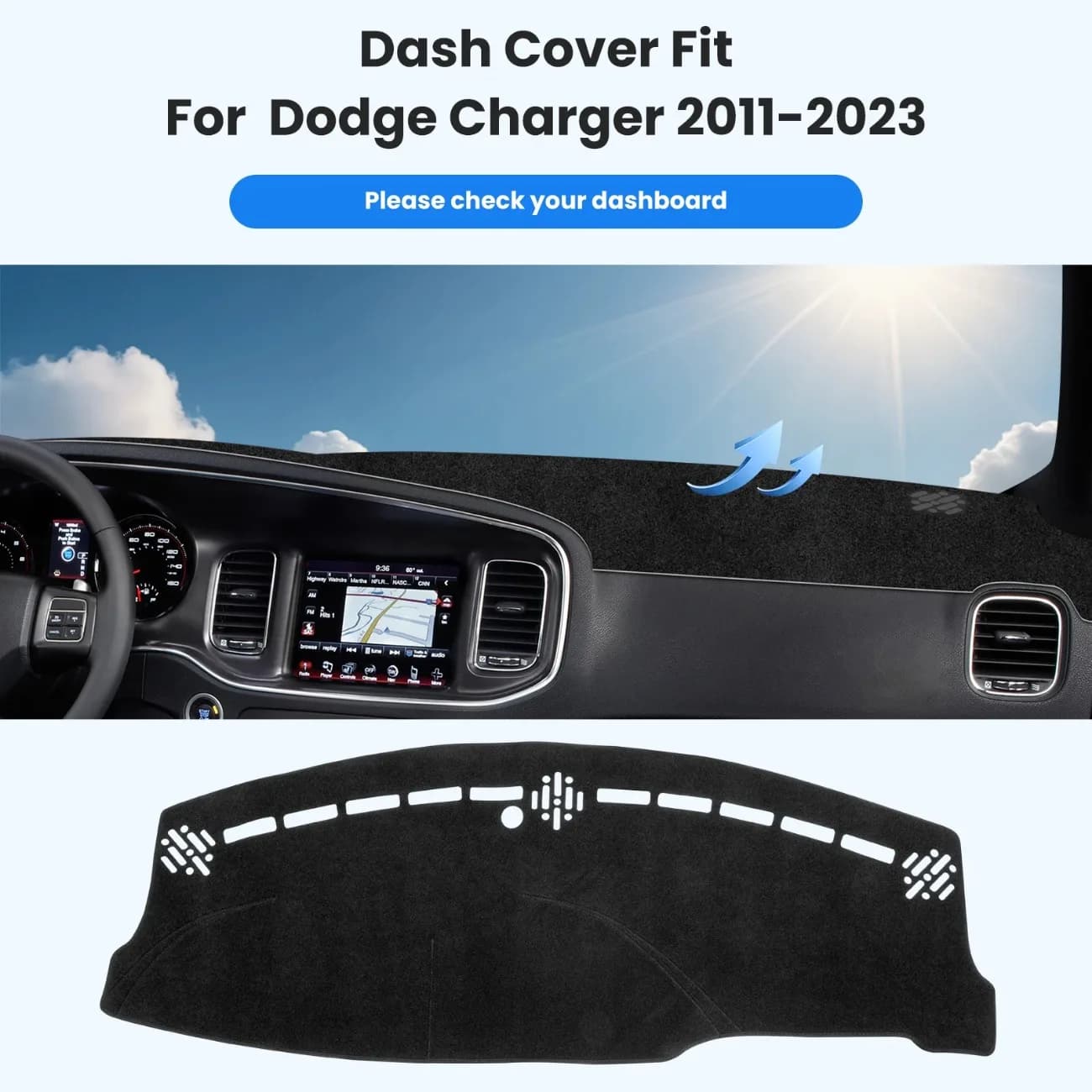 Tappetino Copri Cruscotto per Dodge Charger LD 7a Generazione 2011-2023, Antiscivolo, Parasole, Anti-UV, Anti-Riflesso, Accessori Interni