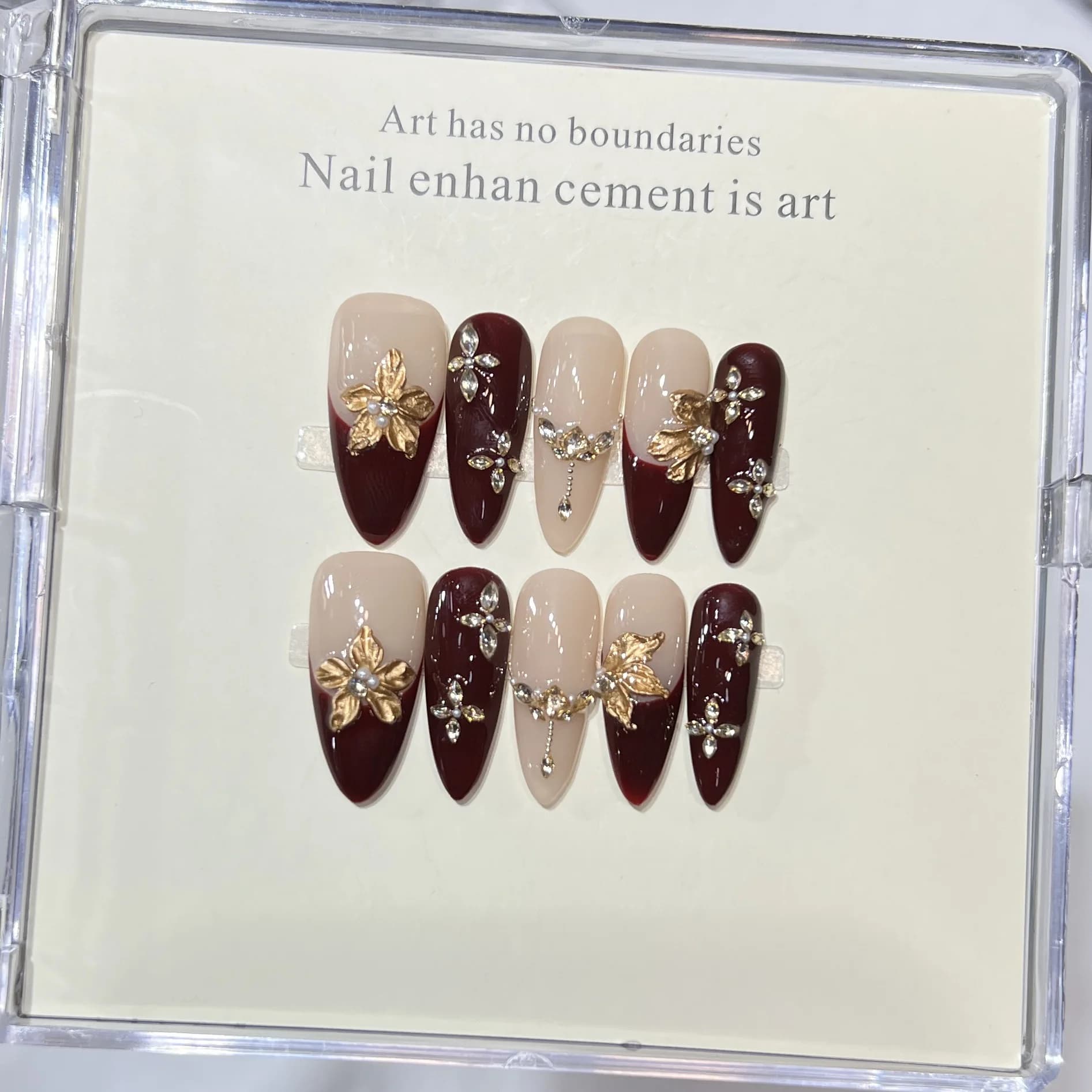 10 pieces handmade elegant French detachable nails fake 3D flower golden rhinestones design tips for almond nails stickers for artistic beauty nails