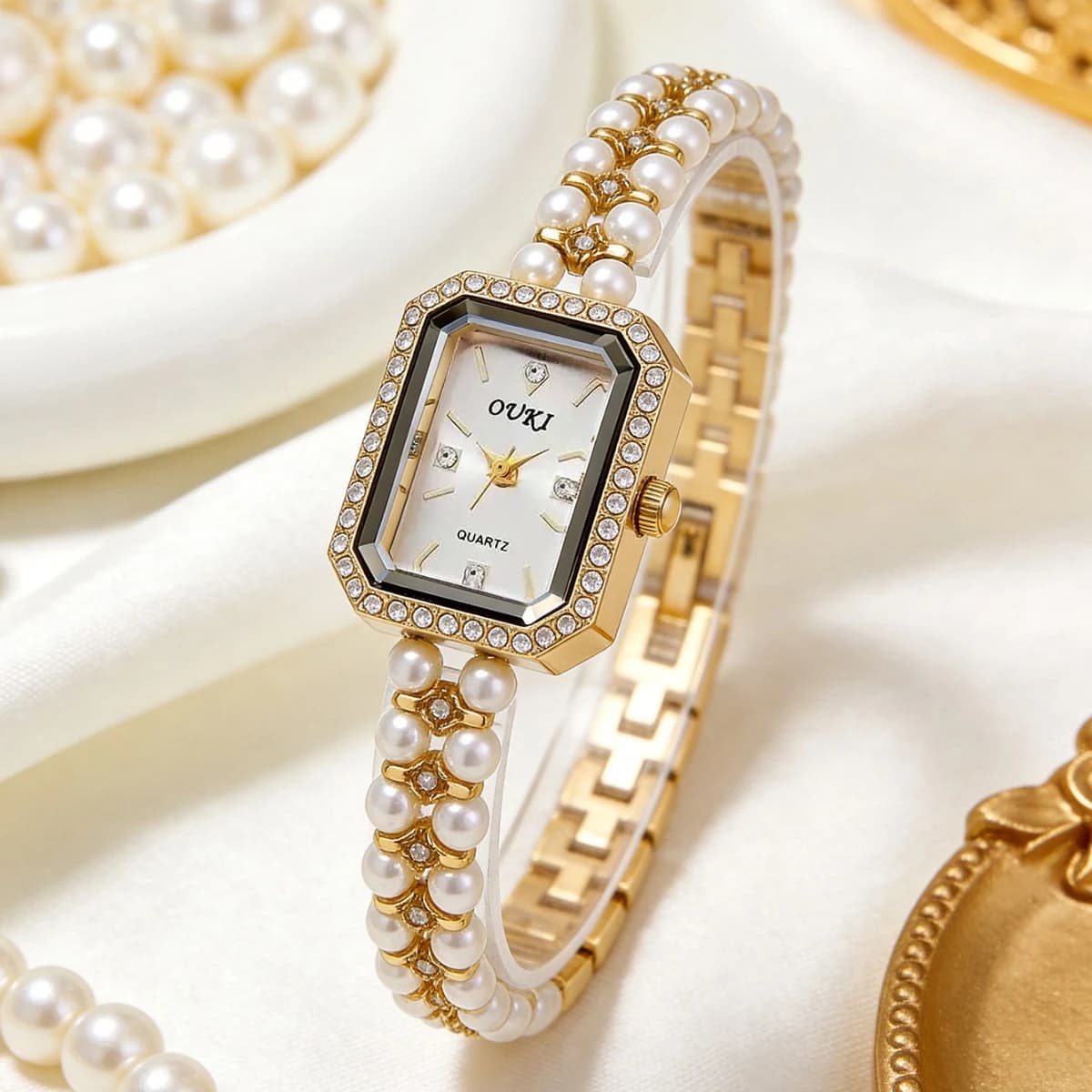 Fashion Square Women Watches Elegant Imitation Pearls Strap Quartz Wristwatch Reloj Mujer（Without Box）