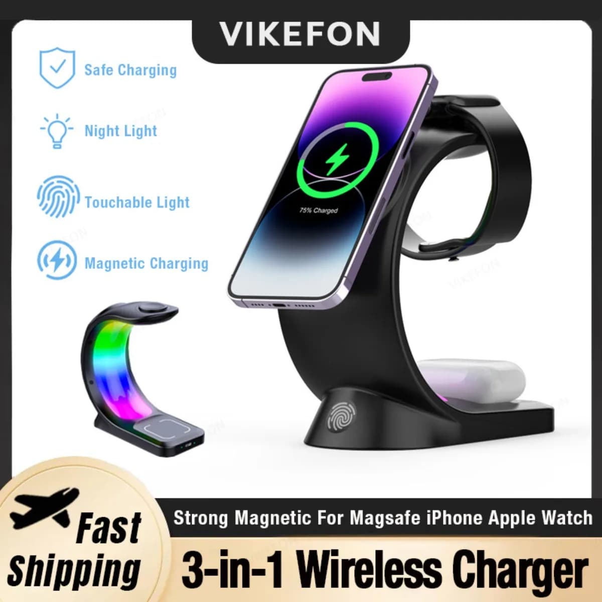 Magnetic Wireless Charger Touch Night 30W Desktop Phone Charging for Magsafe iPhone 16 15 14 13 12 Apple Watch 10-2 SE Airpods