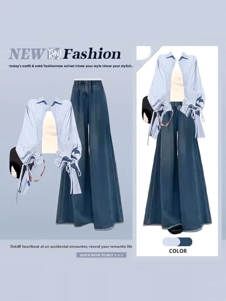 Spring Blue Long Sleeve Shirt Women's High Waist Jeans Belted High Fashion Ageless Styling Three Piece Set Ladies Fashion