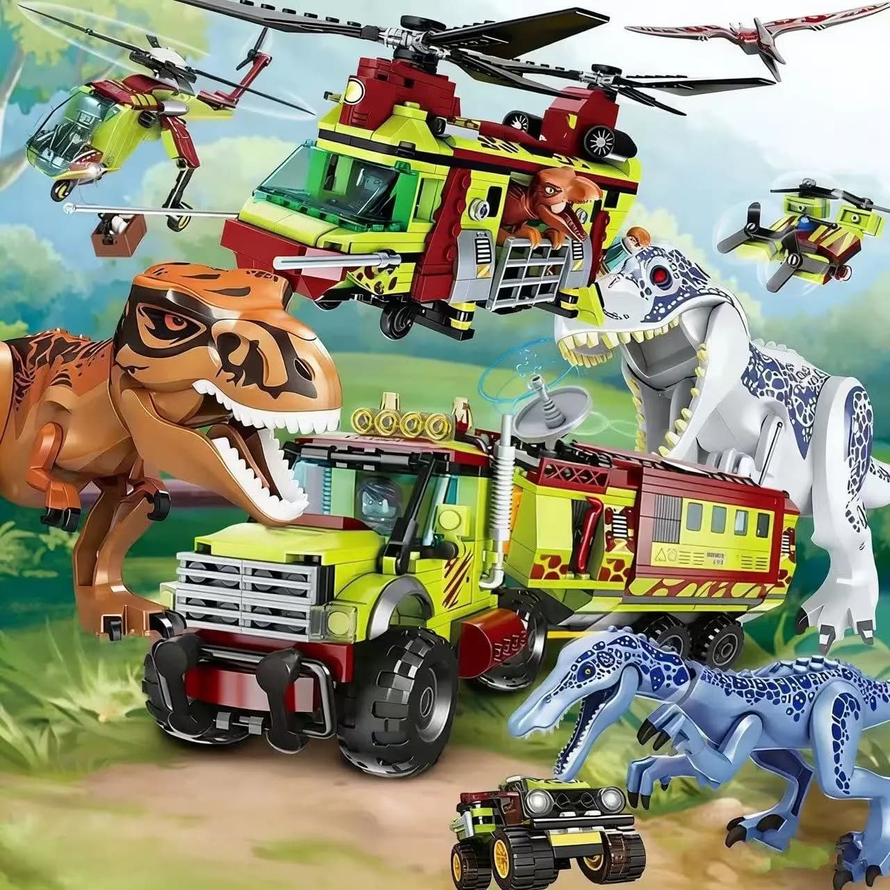 Serie Dinosauri Giurassici: Elicottero di Soccorso per Tyrannosaurus Rex, Set di Costruzioni Educative per Bambini FC3722/FC3738