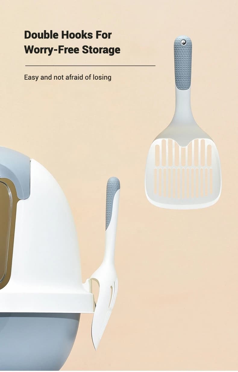 Paletta per lettiera per gatti grande manico lungo con doppi ganci Pala per cacca per gatti durevole in PP con fori per perdite di sabbia Design ergonomico