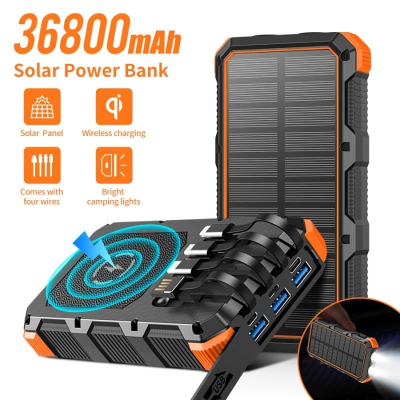 36800mAh Solar Wireless Power Bank 3 Caricatore portatile USB per iPhone 16 15 Samsung Huawei Powerbank a ricarica rapida Cavo integrato