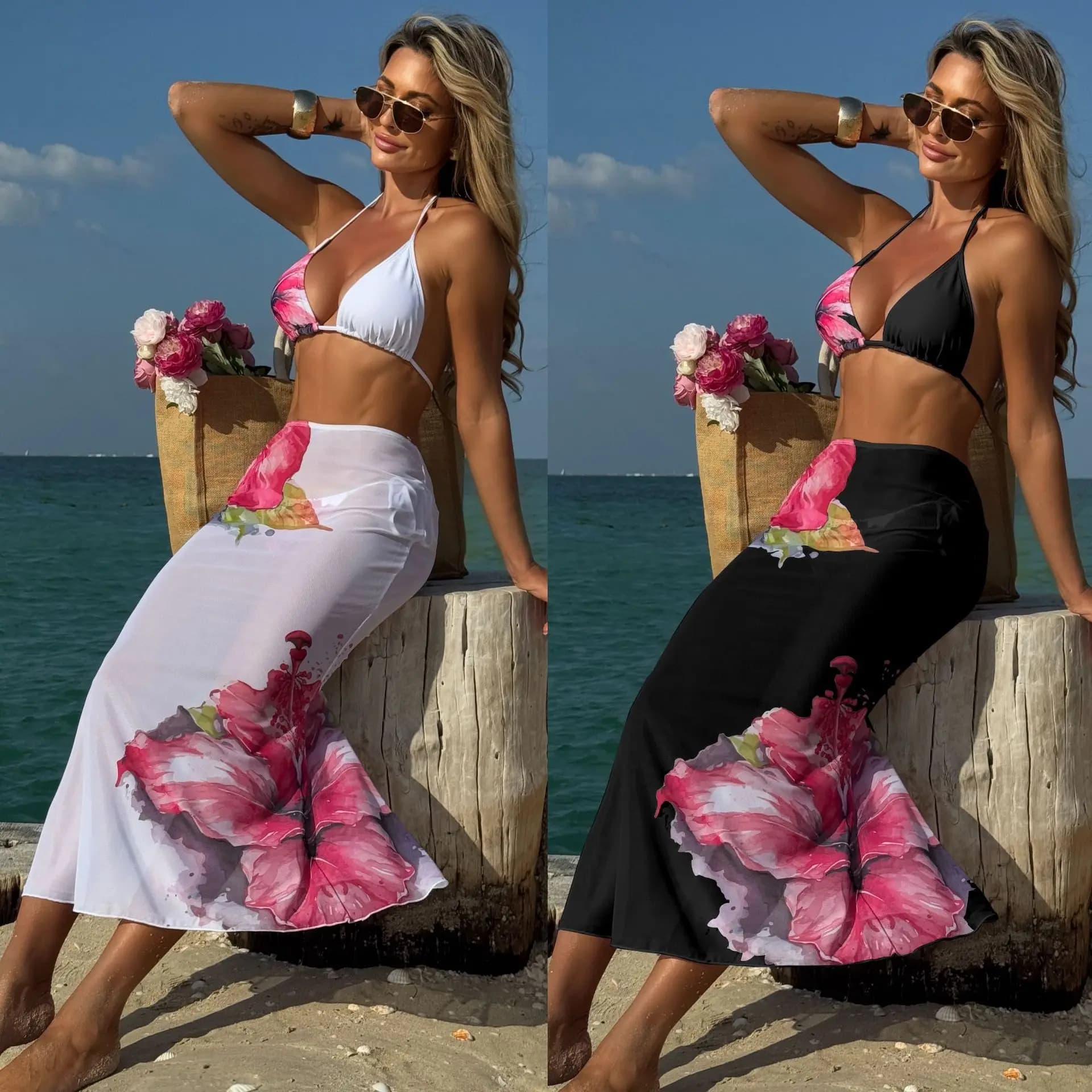 2025 new swimsuit divided by beach with long skirt in mesh large floral bikini printed in three pieces