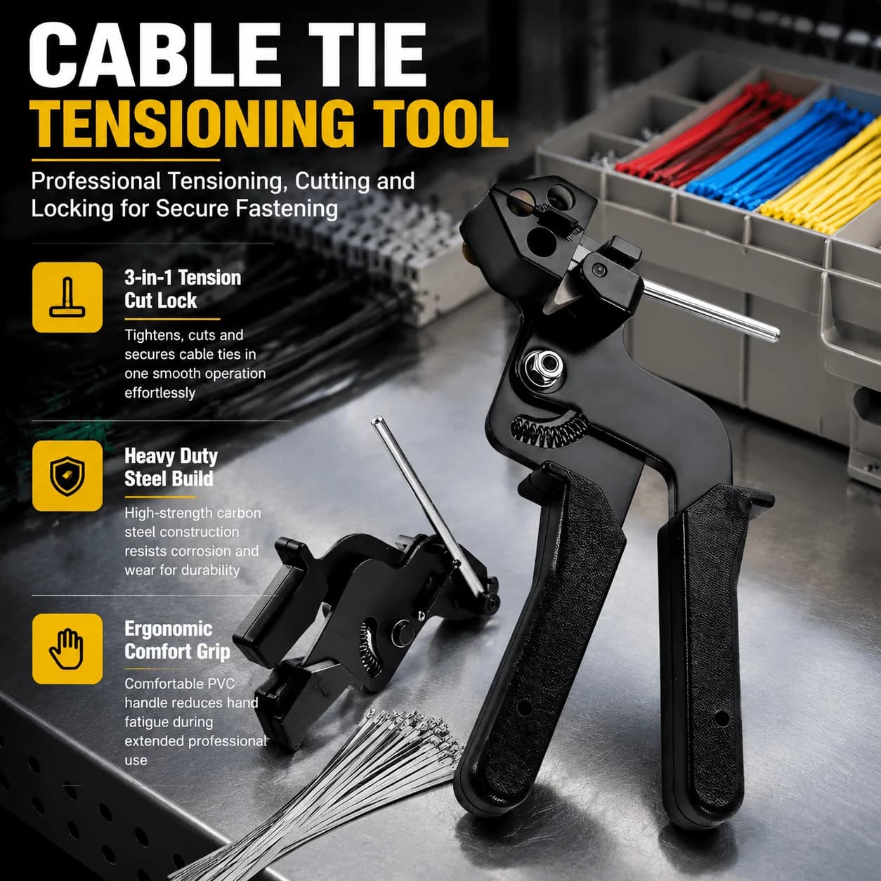 3-In-1 Cable Tie Tool Zip Tie Gun Heavy Duty Tension Cut Lock Stainless Steel Strapping Tensioning Cutter Ergonomic Bundling