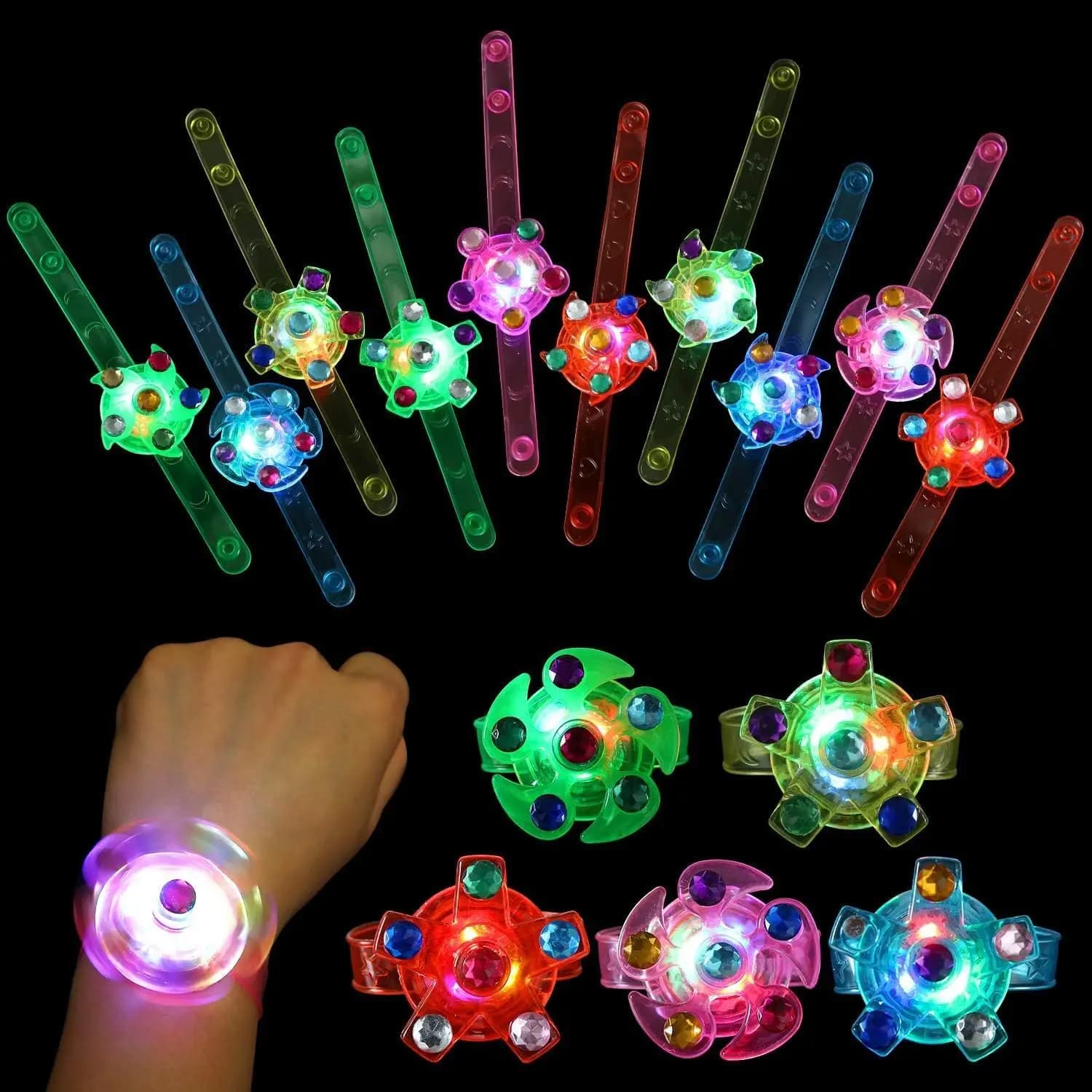 Confezione da 24 Braccialetti LED Luminosi Fidget Spinner, Gadget Luminosi al Buio per Feste per Bambini, Regali di Compleanno e Premi di Carnevale