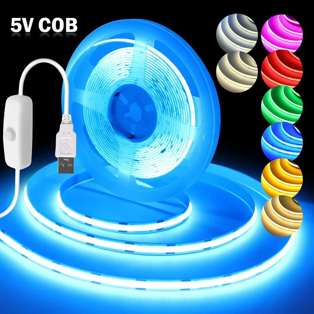 5V USB Swicth COB LED Strip Light Flexible Diode Tape DC5V Linear Indoor Lighting Lamp Room DIY TV Backlight Wall Decor 9 Colors