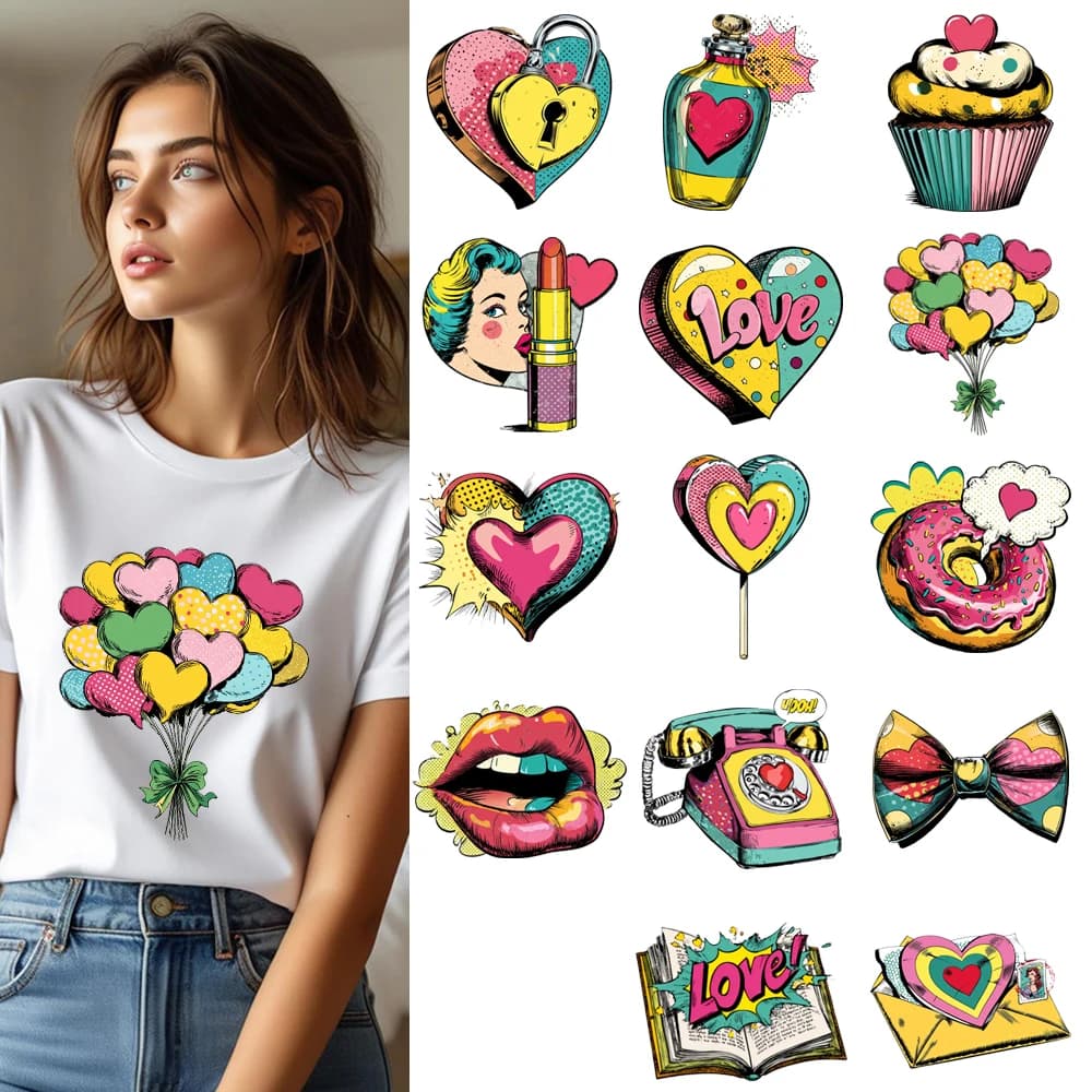 Adesivo termoadesivo vintage da 25 cm con immagine di fumetti romantici, patch termoadesive DTF per applicazioni su vestiti e t-shirt.