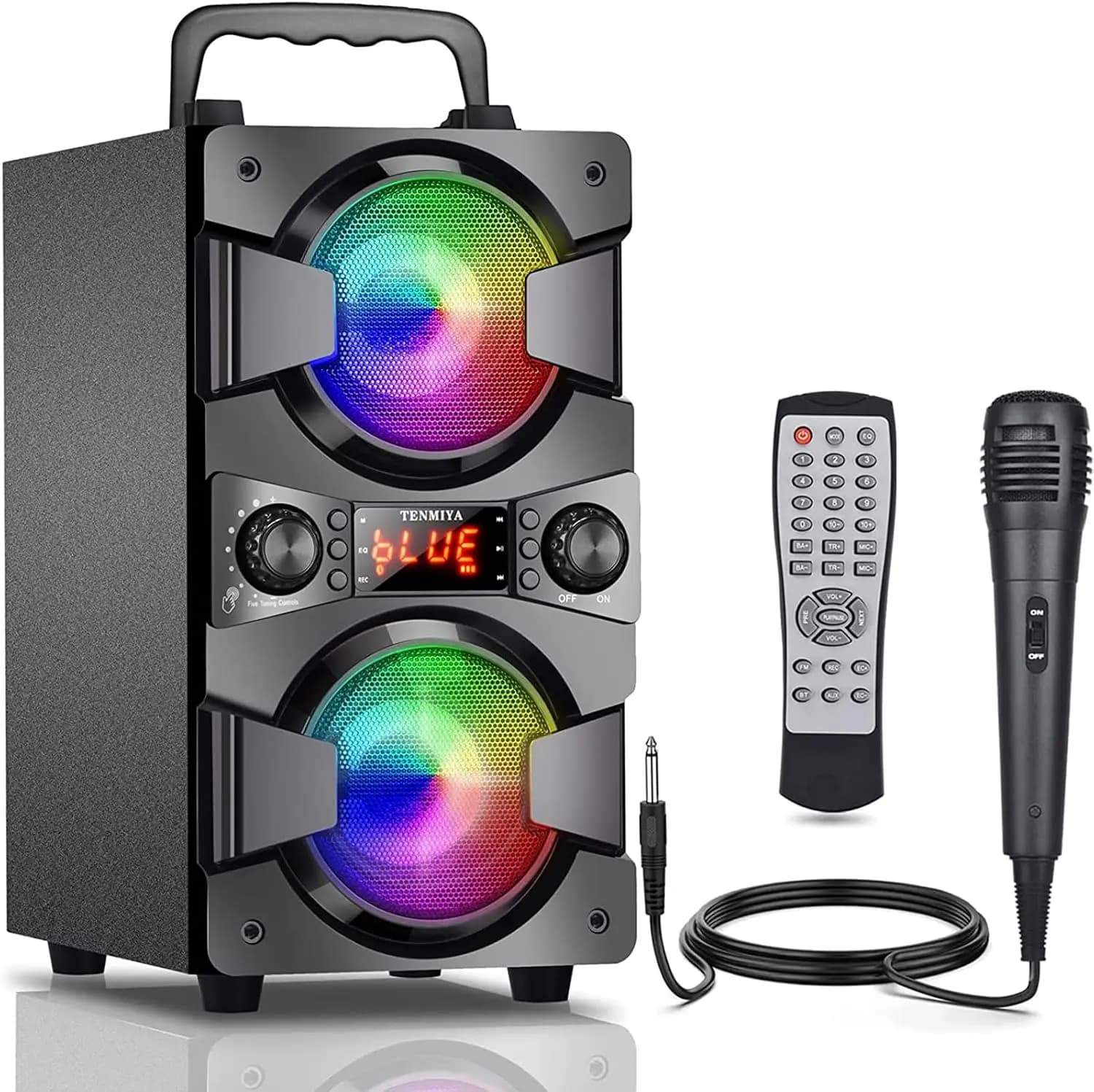 Altoparlante Bluetooth Portatile con Microfono, 60W di Potenza di Picco, Bassi Stereo, Luci, Telecomando, Radio FM, EQ per Casa, Esterni, Feste, Regali