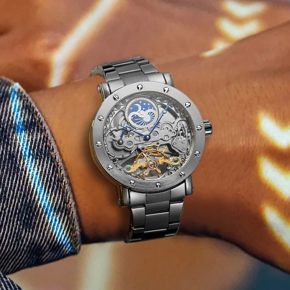 Luxury brand GMT time zone moon phases automatic movement men's skeleton stainless steel mechanical waterproof men's watch