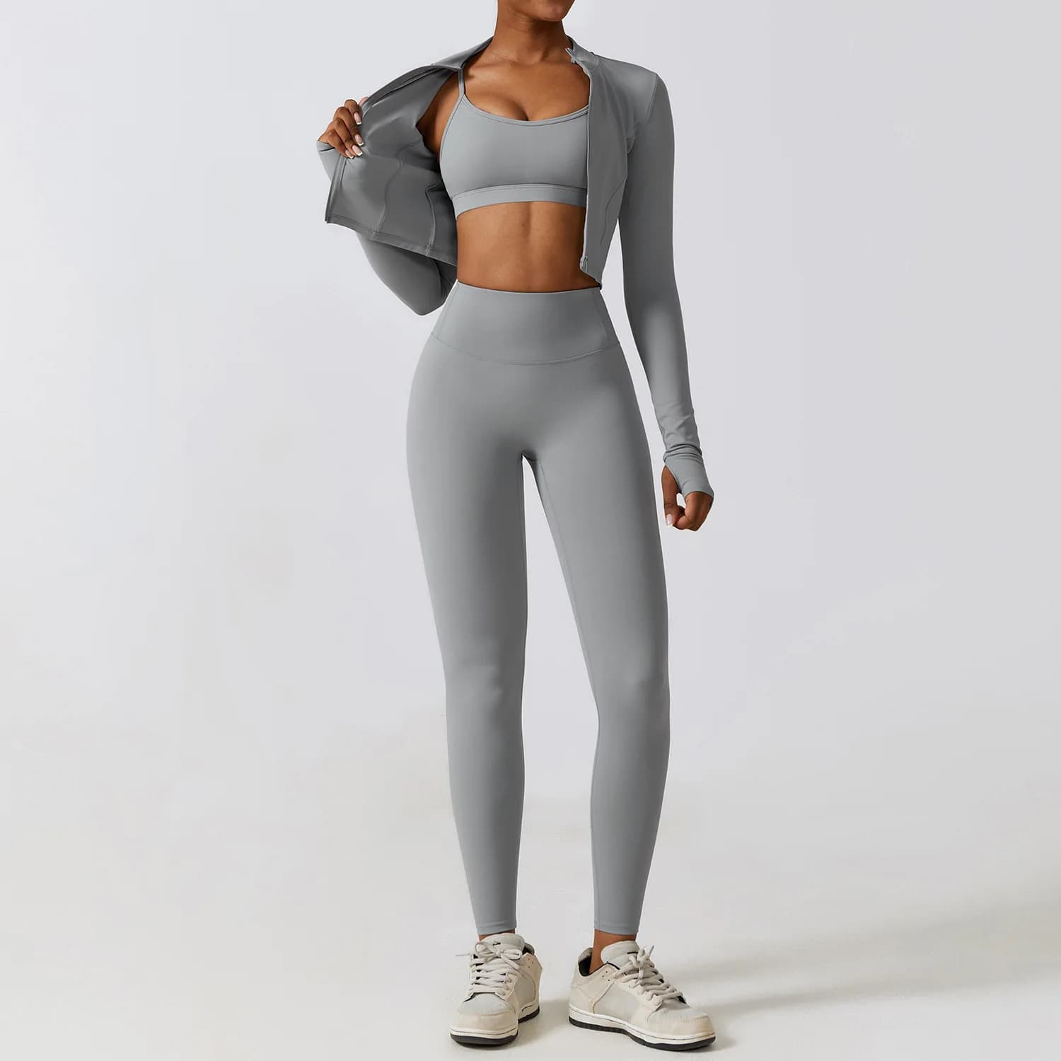 Completo Yoga a Maniche Lunghe 3 Pezzi, Abbigliamento Sportivo da Donna, Reggiseno Sportivo, Top Corto Yoga + 2 Pezzi Leggings, Set Abbigliamento Palestra