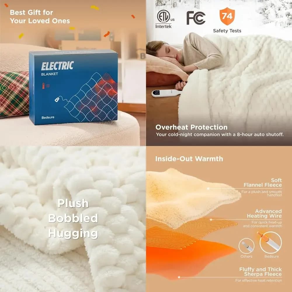 Coperta Elettrica Singola con Flanella e Sherpa, 6 Livelli di Calore, 10 Timer, Spegnimento Automatico 8 Ore, Bianco Cocco, 62x84