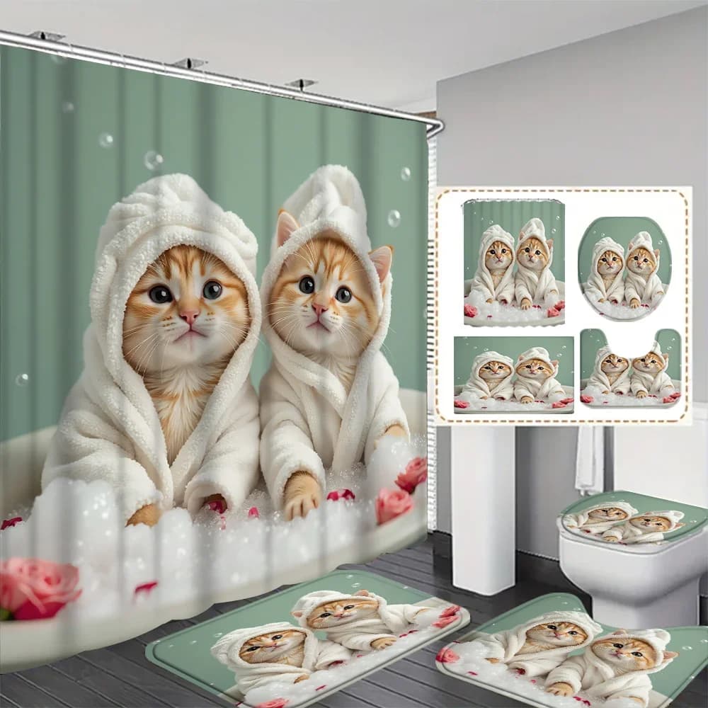 Adorable Cat Theme Shower Curtain Waterproof Polyester Bathroom Decor Novelty Liner Pet Lover Home Accessories Cute Spa Curtain