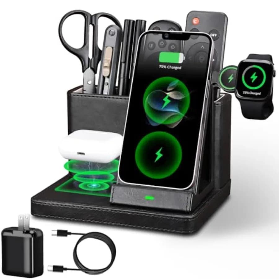 Organizer da Scrivania con Caricatore per Telefono, Portaoggetti da Comodino, Accessori per Ufficio, Portapenne, Porta Telecomando