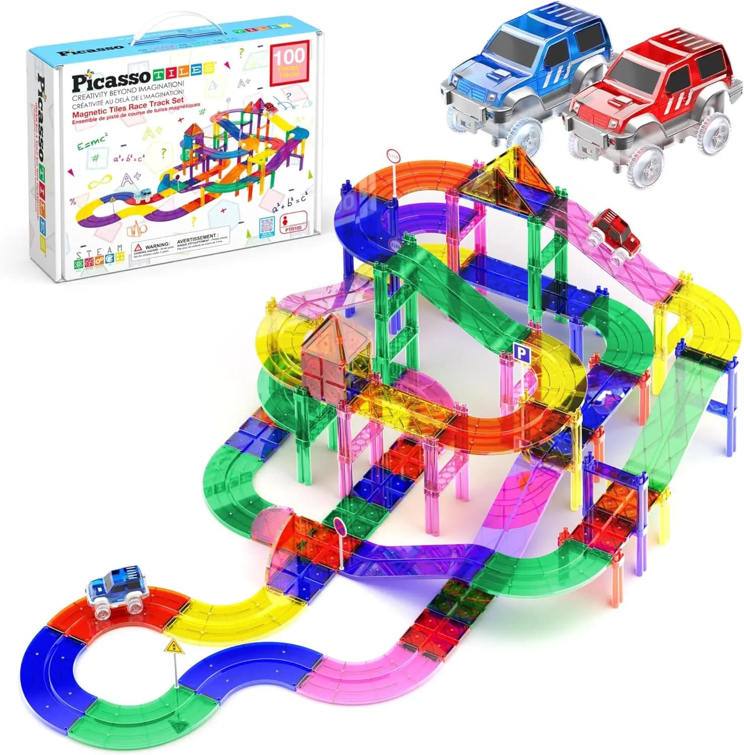 Set da costruzione per piste da corsa con piastrelle magnetiche da 100 pezzi con auto a LED Strade e insegne regolabili Kit giocattolo da costruzione STEM per bambini Educati