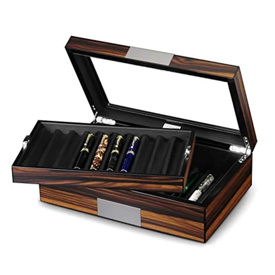 Pen Display Case - Ebony Wood Storage Box with Glass Window, Holds 20 Fountain Pens, Luxury Pen Organizer for Collectors