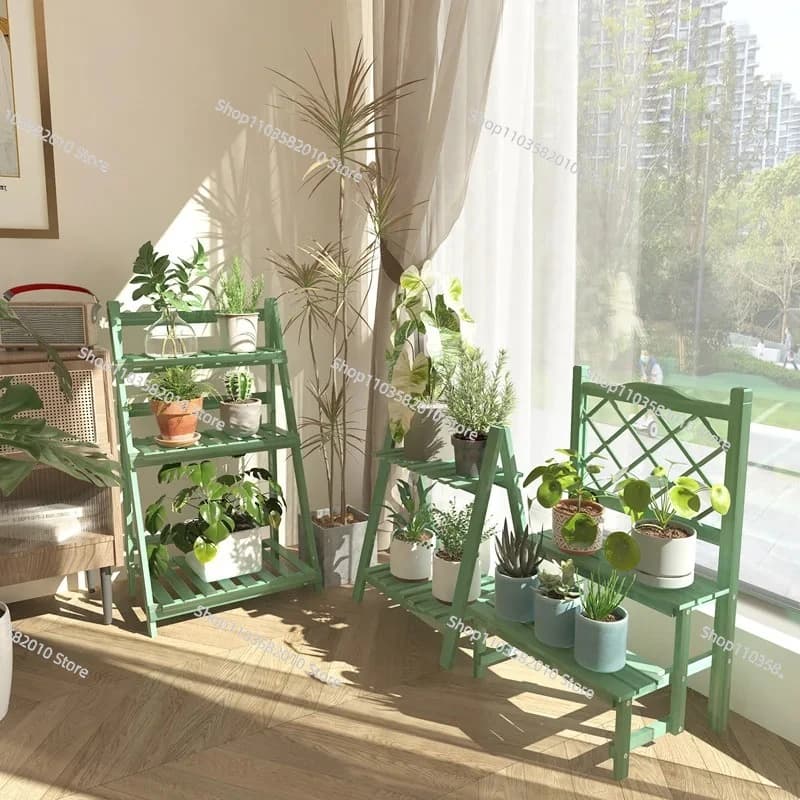 Retro Solid Wood Balcony Flower Stand, Floor-to-Ceiling Shelf for Succulent Plant Pot