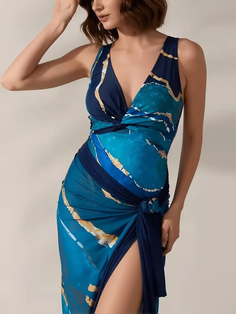 Costume da bagno due pezzi da donna, per vacanze al mare, elegante motivo marmorizzato blu, con gonna in rete