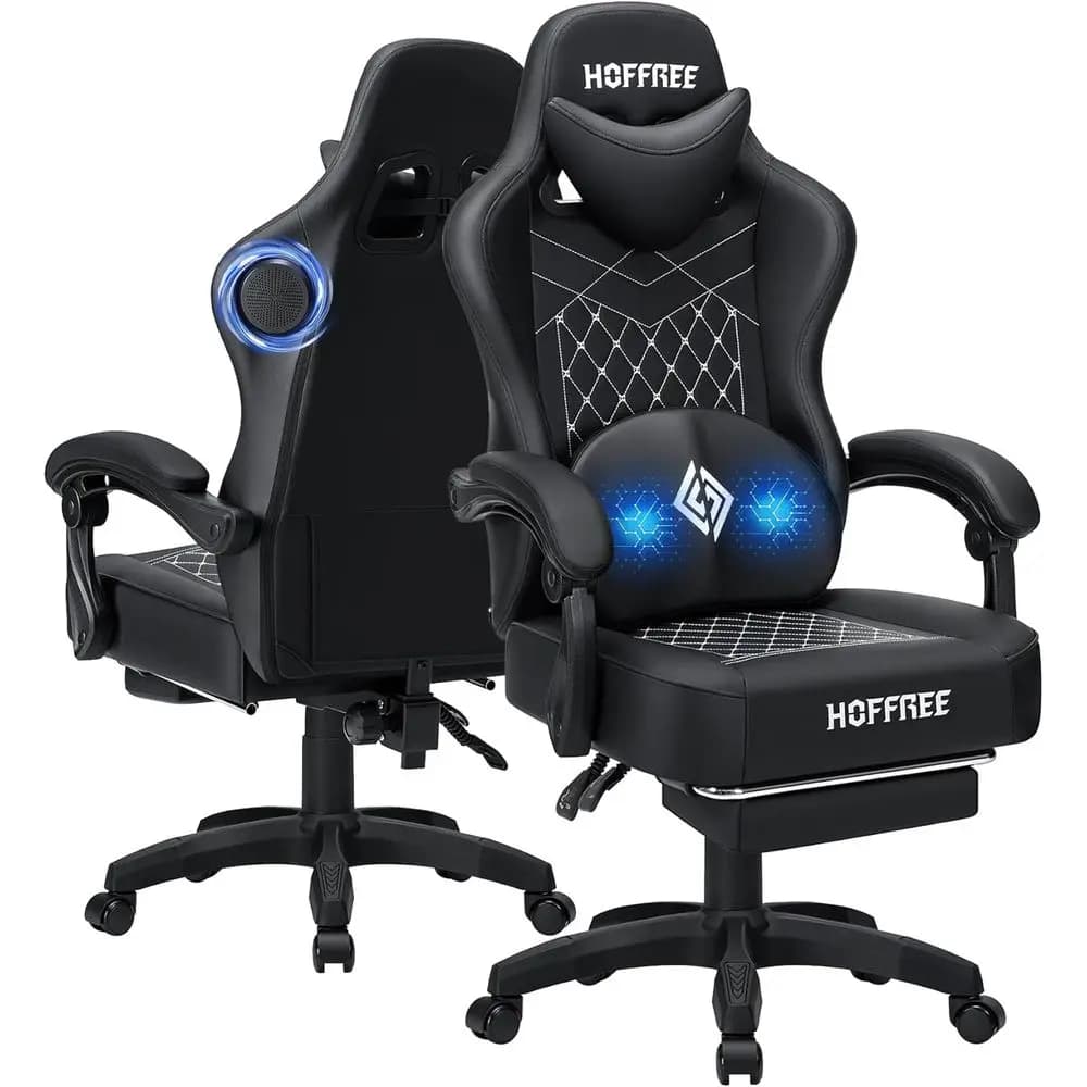 Sedia da Gaming Ergonomica Reclinabile Nera con Bluetooth, Massaggio, Altoparlanti e Poggiapiedi