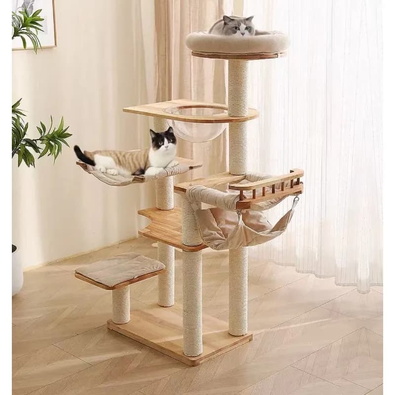Albero per gatti in legno massello resistente per gatti di grandi dimensioni, torre per gatti multilivello con letto integrato | Attrezzatura professionale per mobili per animali domestici