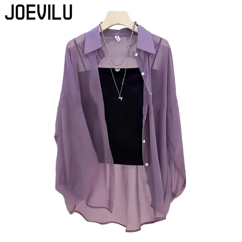 Women's UV Resistant Casual Cardigan Transparent Chiffon Shirt Slim summer coat for commuting Clothing for sun protection in Japanese fashion network Y2k