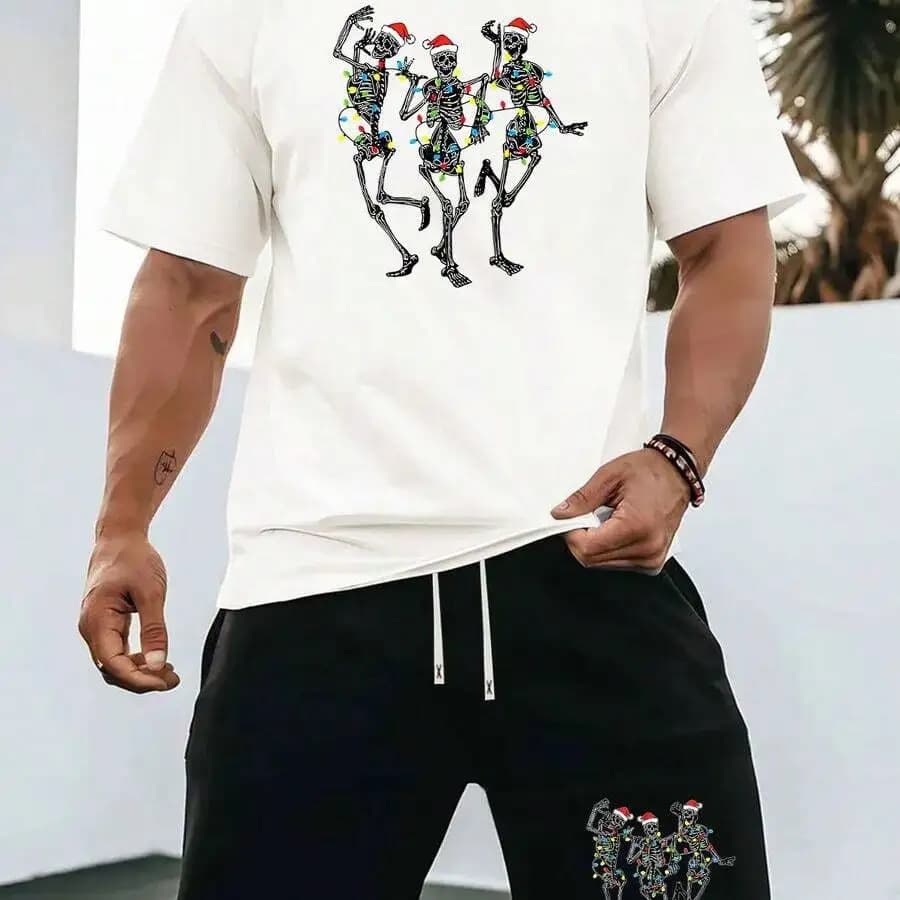 Completo estivo casual da uomo in due pezzi, t-shirt e pantaloncini con stampa scheletro
