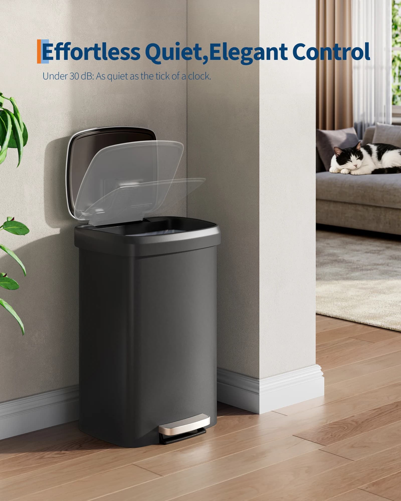 Step-On Kitchen Trash Can - 13 Gallon / 50 Liter, Durable Black Plastic, Soft-Close Lid, Rustproof, Liner Rim, Rear Handle - Large Waste Bin for Home, Office, or Kitchen Storage