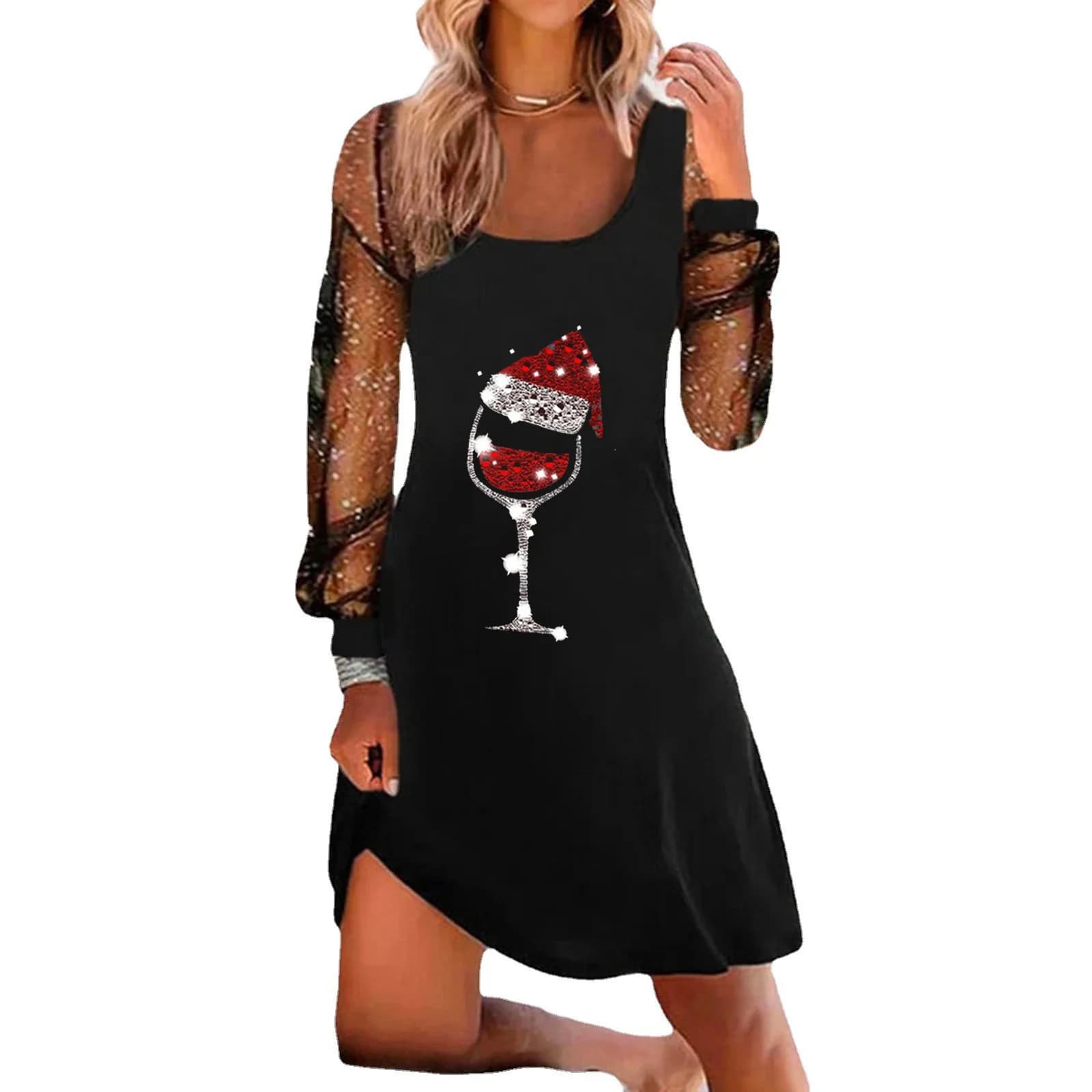 2026 nuova moda stampata con paillettes abito in pizzo donna primavera casual allentato bicchiere di vino girocollo manica lunga mini abito per le donne
